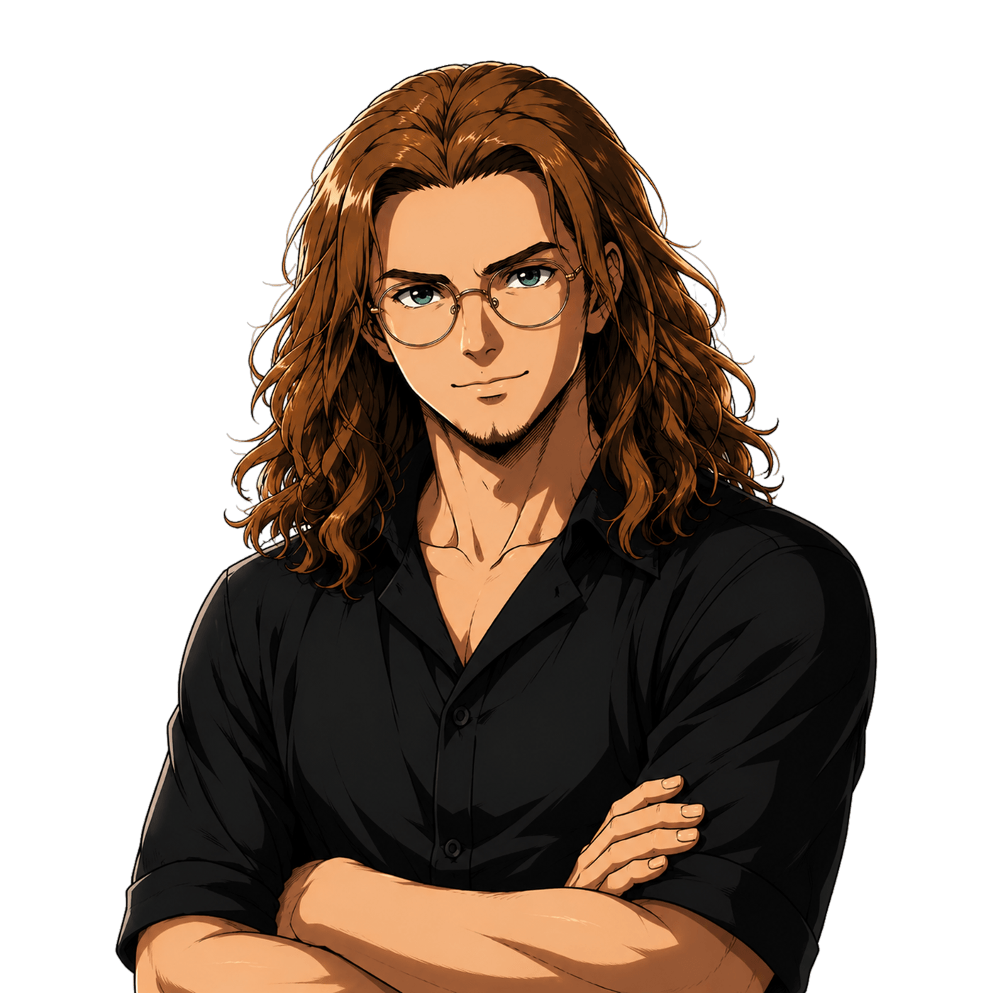 Lou-Diego, head coach do Pok Genius, desenhado em estilo anime, de braços cruzados
